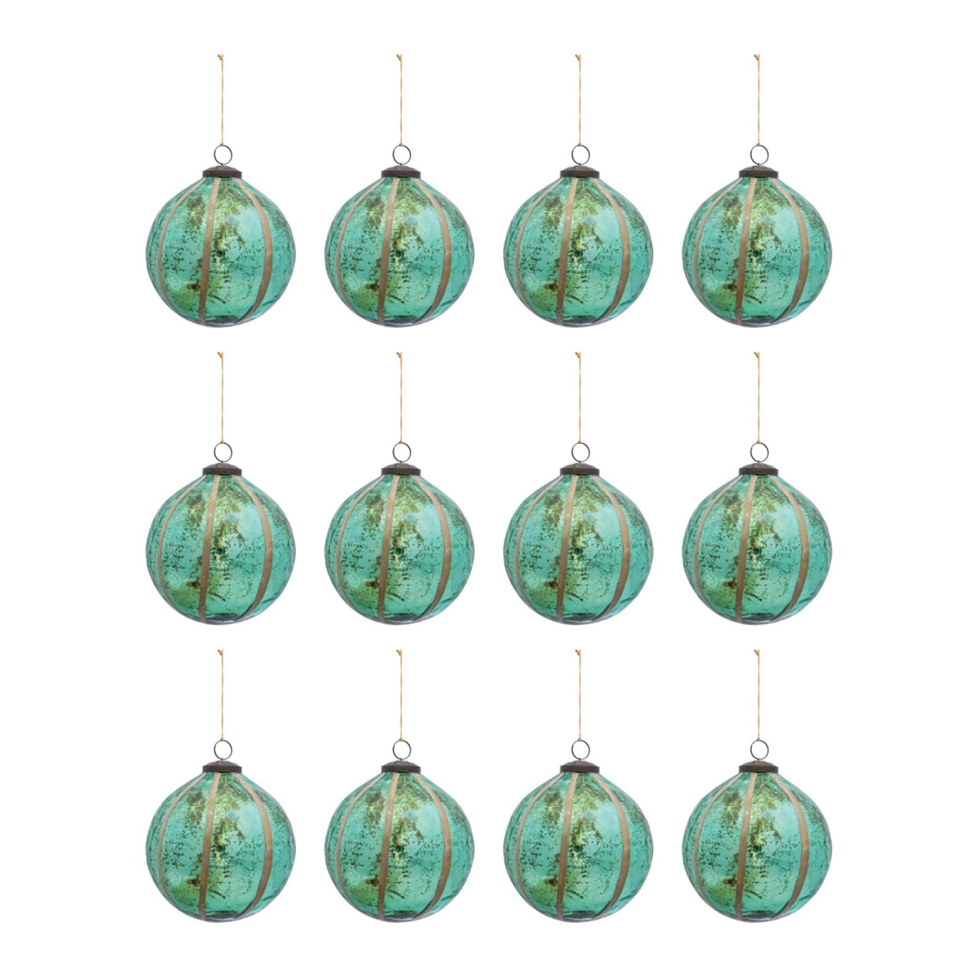 Hello Honey® 12 Pack 4" Turquoise Glass Ball Ornament with Eucalyptus Leaves